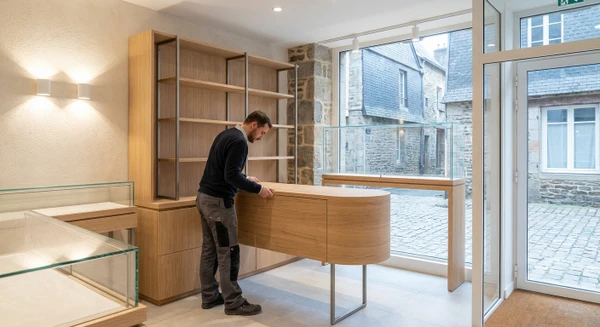 Int&eacute;rieur d'un magasin ou commerce en cours d'am&eacute;nagement ou fra&icirc;chement r&eacute;nov&eacute;, montrant des &eacute;l&eacute;ments d'agencement professionnel tels que des vitrines, comptoirs, mobiliers de pr&eacute;sentation ou rangements int&eacute;gr&eacute;s de qualit&eacute;, avec &eacute;ventuellement un artisan ou professionnel en train de finaliser l'installation. La sc&egrave;ne doit illustrer la finition professionnelle et le travail d'agencement commercial r&eacute;alis&eacute; par l'entreprise.