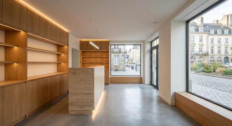 Photographie intérieure d'un local commercial ou professionnel modernement aménagé, montrant un espace accueillant et structuré avec finitions de qualité (peinture soignée, mobilier intégré, éclairage professionnel, éventuellement présentoir ou espace de vente), sans clients, témoignant de la qualité d'exécution et du savoir-faire en agencement commercial de second œuvre.