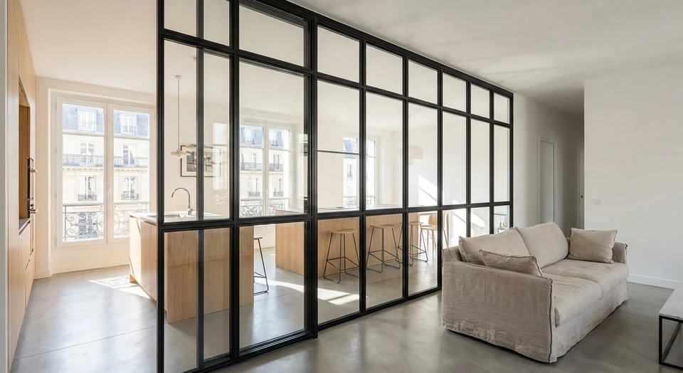 Intérieur lumineux montrant une cuisine ouverte séparée du salon par une verrière intérieure en métal noir ou acier avec panneaux vitrés. La lumière naturelle traverse les vitres et baigne l'espace. La verrière délimite les deux zones sans obstruer la vue. Ambiance contemporaine, espaces aérés et lumineux.