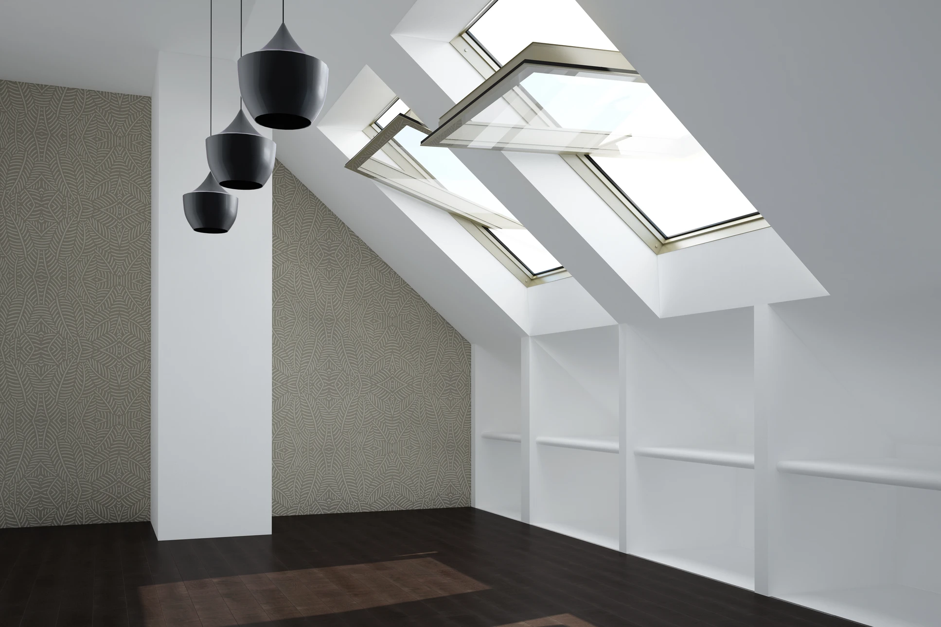 Intérieur mansardé moderne avec fenêtres de toit ouvrantes