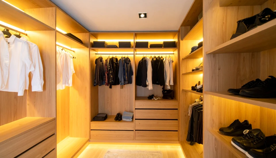 Intérieur d'une chambre ou d'un dressing avec un meuble de rangement sur mesure récemment installé, présentant des portes lisses ou des façades épurées en bois ou PVC, parfaitement intégré dans l'architecture de la pièce. La photo montre l'espace organisé et harmonieux avec le reste de la décoration intérieure, mettant en évidence la qualité de l'agencement et la finition soignée du travail de menuiserie.