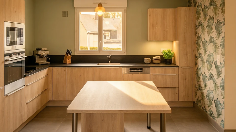 Un carreleur professionnel en train de poser du carrelage mural ou au sol, de profil ou en vue partielle. Il porte des vêtements de travail appropriés, tient un outil de pose ou d'ajustement (spatule, croisillon, niveau), et intervient précisément sur une surface en cours de carrelage. Le carrelage est partiellement posé pour montrer le processus en cours. La scène doit transmettre la précision, le savoir-faire technique et la rigueur du métier de carreleur.