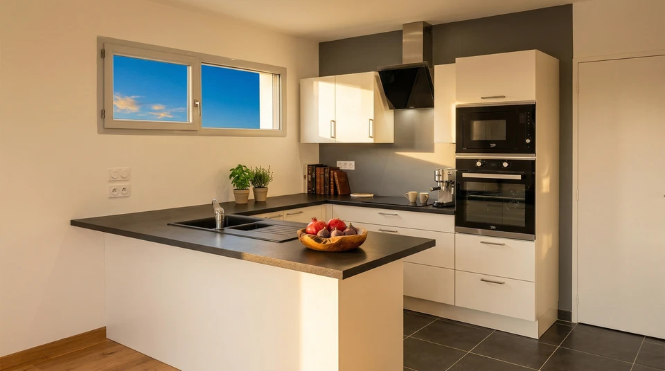 Cuisine moderne avec îlot central équipé d'une plaque à induction intégrée au plan de travail gris