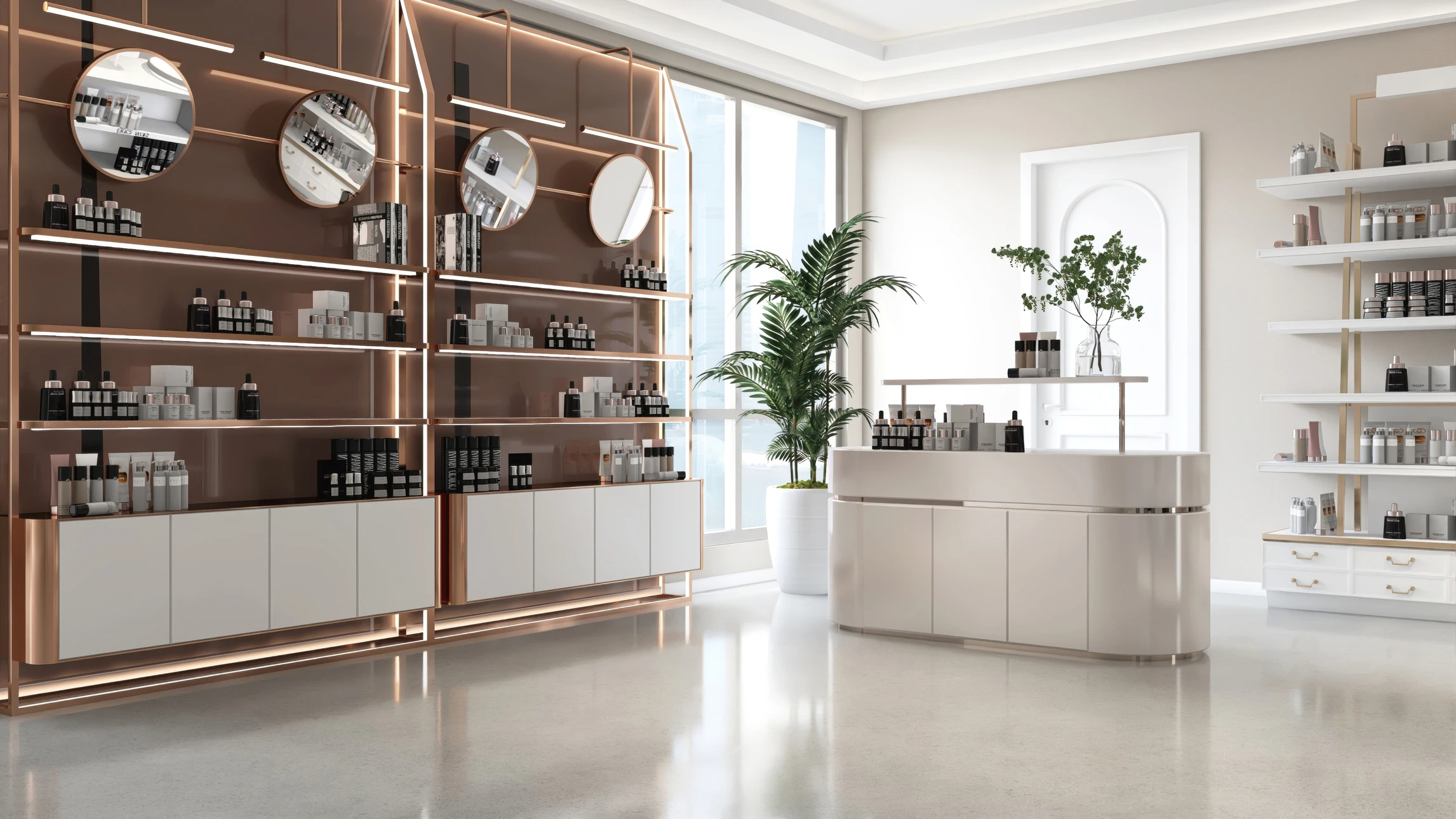 Photographie professionnelle d'un espace commercial aménagé et attractif : intérieur de magasin ou showroom avec mobilier moderne intégré, éclairage professionnel mettant en valeur les produits ou services, zones de circulation bien définies, agencement intelligent de l'espace créant une ambiance accueillante. La scène doit montrer un exemple d'agencement commercial de qualité, sans clients ni personnages, à destination de prestataires en agencement pour illustrer leur savoir-faire.